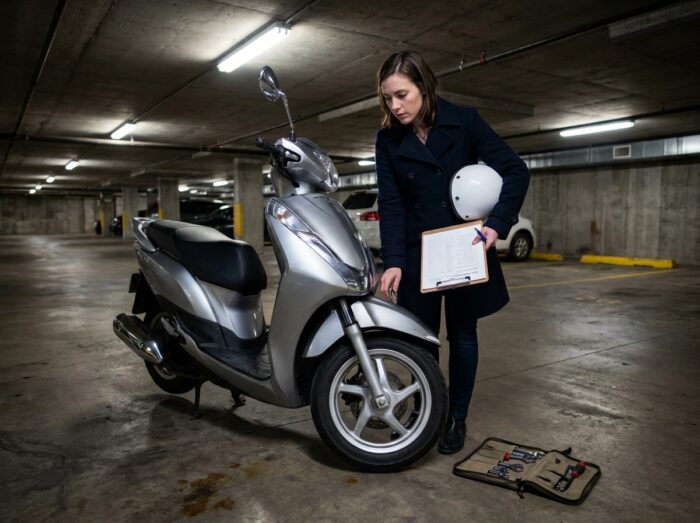 Frau, die die Bremskabel ihres Rollers in einem Wohnparkhaus vor einer Pendelfahrt inspiziert