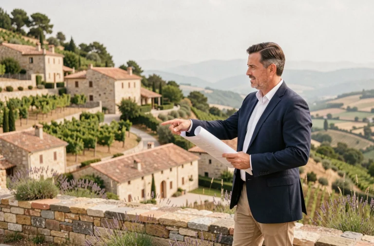 Investisseur immobilier sur les coteaux examinant des plans de propriété en terrasse avec vue sur des maisons en pierre en Provence