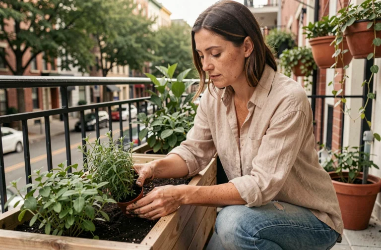 Femme en train de rempoter des herbes aromatiques sur un balcon urbain entouré de plantes en pot