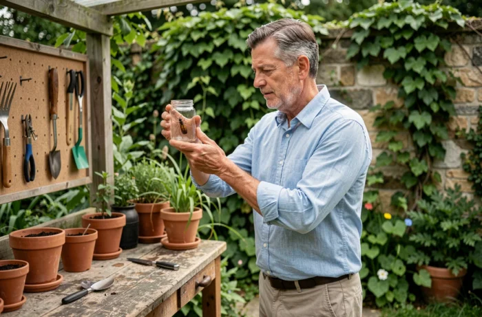 Jardinier examinant un insecte dans un bocal en verre au jardin, démarche d'identification des insectes nuisibles et utiles