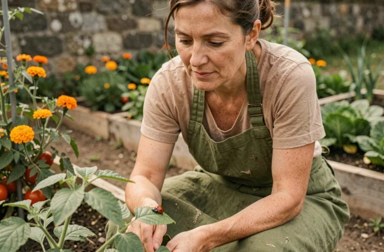 Jardinière observant une coccinelle sur une feuille dans un potager, illustration de la distinction entre insectes utiles et nuisibles