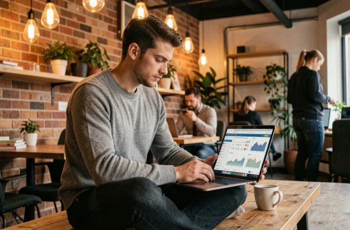 Jeune professionnel consultant les dernières actualités et tendances comparatives du marché sur son ordinateur portable dans un espace de coworking