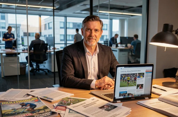 Journaliste sportif analysant des documents dans une rédaction moderne, illustrant le débat médiatique autour du retour possible de Lance Armstrong en 2026