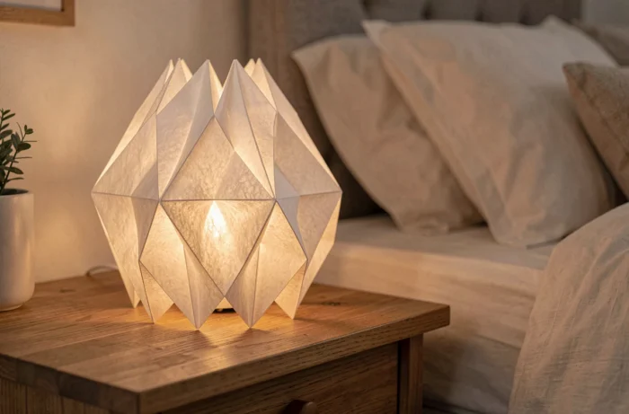 Lampe d'ambiance artisanale fabriquée en papier washi plié en forme géométrique origami posée sur une table de nuit