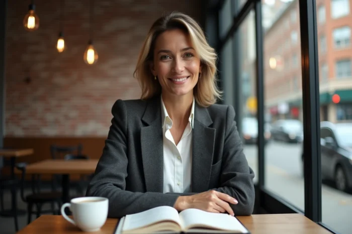 Femme posée et déterminée dans un café urbain, portrait illustrant le profil et les secrets de Laurene Godey compagne de Sébastien Loeb