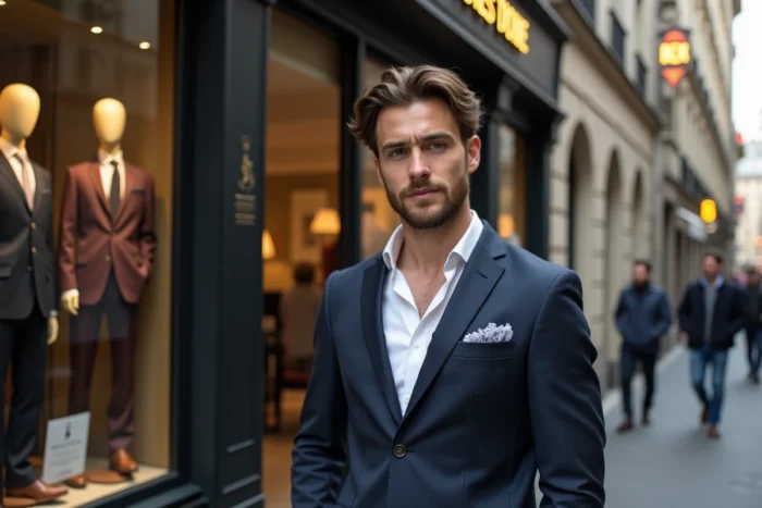 Homme en costume devant la vitrine du Guillou Habilleur à Lyon