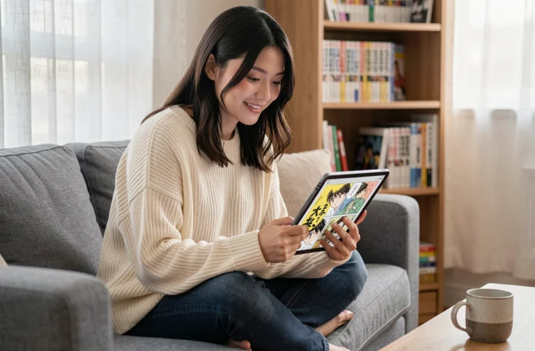 Jeune femme lisant un manga sur tablette numérique dans un salon moderne et cosy