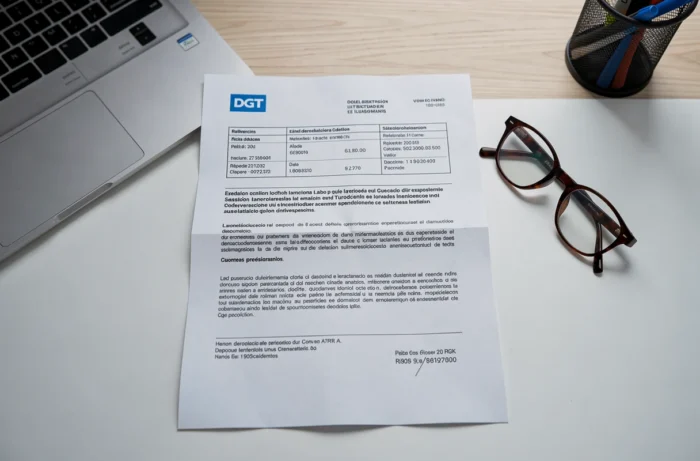 Correspondência oficial de multa DGT Espanha em uma mesa com suas características administrativas visíveis