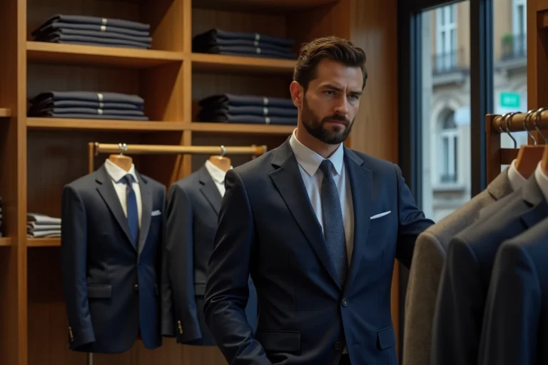 Homme en costume élégant dans une boutique de costumes pour hommes à Lyon