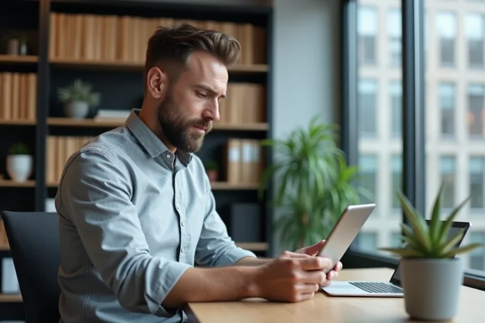Manager consultant une application mobile de gestion d'équipes et de planification des horaires sur tablette dans un bureau professionnel