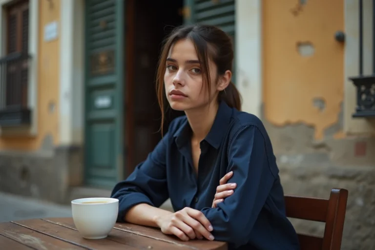Jeune femme d'apparence discrète assise dans un café sud-américain, évoquant l'anonymat et le destin des proches de figures criminelles célèbres comme Manuela Escobar