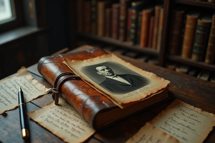 Journal intime usé et photographie de famille ancienne posés sur un bureau en bois, symbolisant les secrets et l'héritage familial complexe de Manuela Escobar, fille de Pablo Escobar