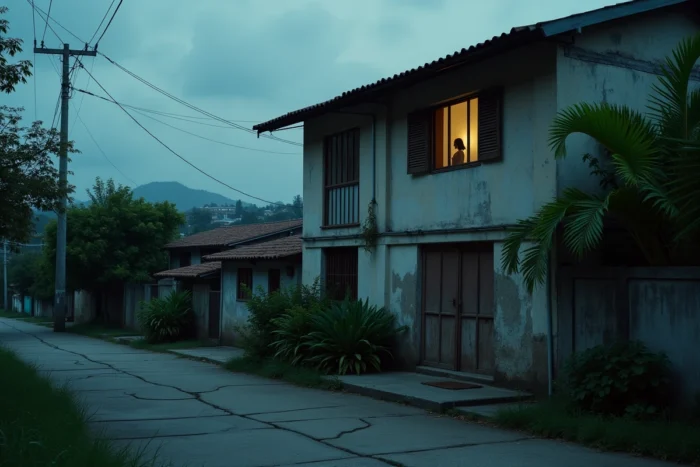 Rue résidentielle calme d'une ville latino-américaine avec silhouette féminine derrière une fenêtre close, illustrant l'isolement et la vie cachée de Manuela Escobar après la mort de Pablo Escobar