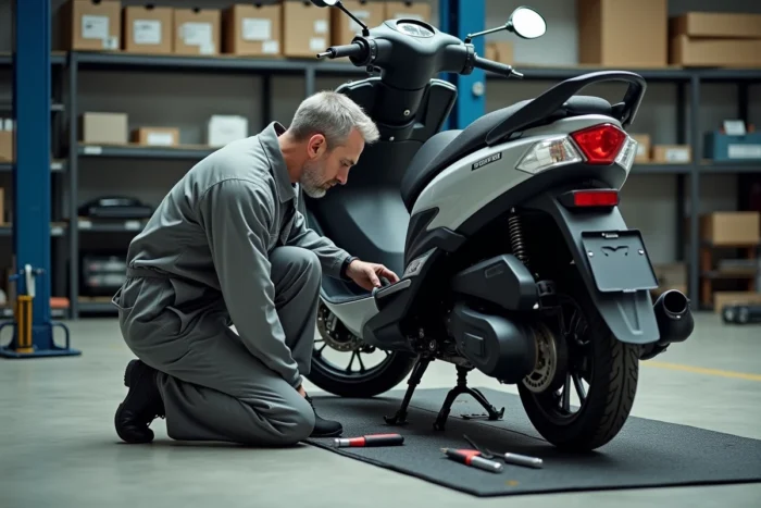 Mécanicien inspectant un Yamaha Xmax 125 dans un atelier moto après 10 000 km, vue grand angle en atelier réaliste