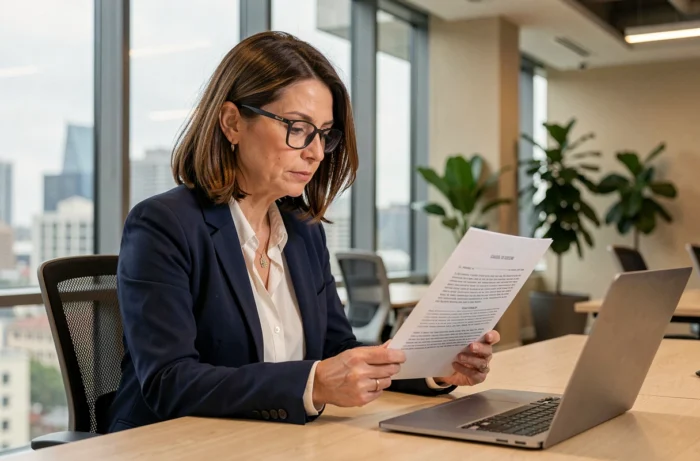 Femme professionnelle consultant les mentions légales d'un site web sur un document imprimé dans un bureau moderne
