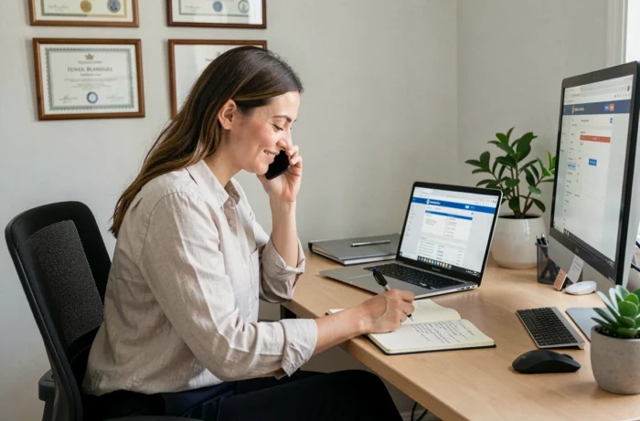 Mère en télétravail gérant les démarches administratives pour prolonger la PreParE depuis son bureau à domicile