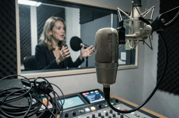 Microphone de studio radio au premier plan avec animatrice visible en arrière-plan dans la cabine de diffusion