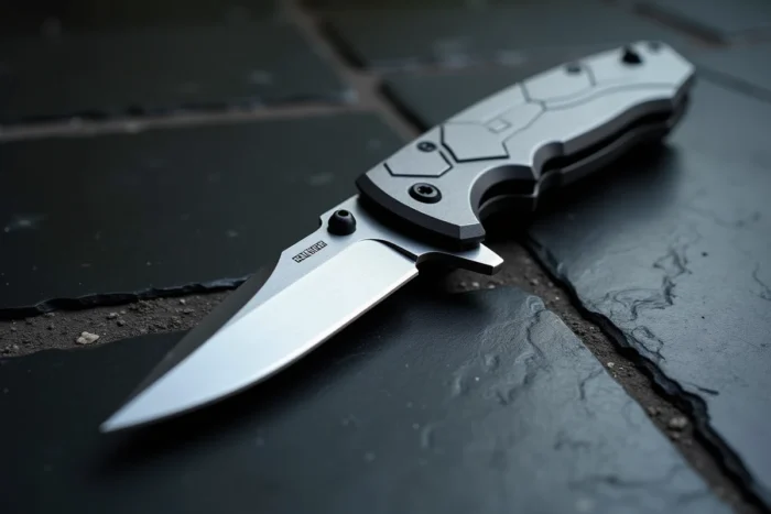 Couteau automatique OTF Microtech Combat Troodon avec lame double tranchant déployée et châssis aluminium usiné sur ardoise noire