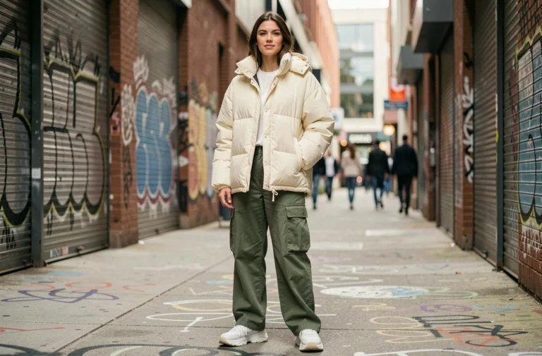 Femme stylée en tenue de mode urbaine 2024 avec veste puffer oversize et cargo pants dans une rue graffiée de la ville
