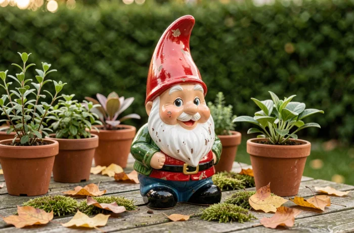 Nain de jardin en céramique colorée posé sur une table en bois entouré de plantes et feuilles d'automne