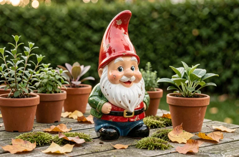 Nain de jardin en céramique colorée posé sur une table en bois entouré de plantes et feuilles d'automne