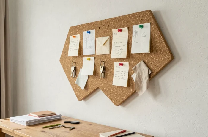 Organiseur mural artisanal en liège découpé en forme géométrique avec des notes, clés et petits accessoires épinglés