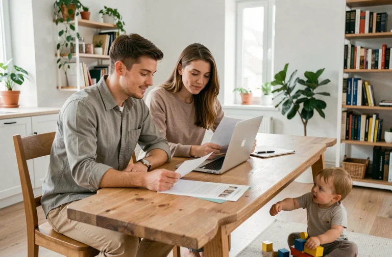 Couple de parents consultant des documents sur le partage de la PreParE autour d'une table familiale avec leur enfant en bas âge