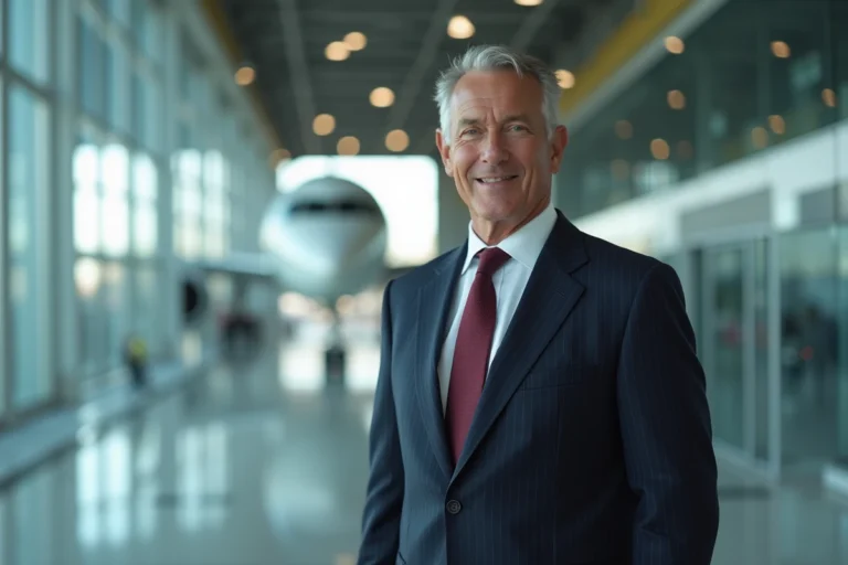 PDG d'une grande entreprise aéronautique en costume sombre debout dans un hall moderne avec vue sur un hangar d'assemblage d'avions