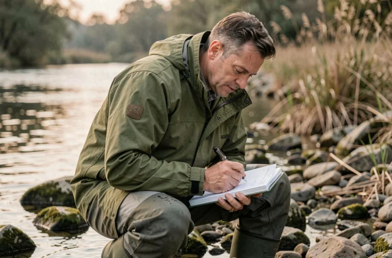 Pêcheur notant ses observations de session dans un carnet de pêche au bord d'une rivière
