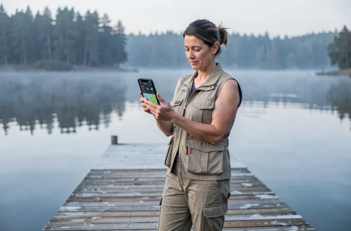 Pêcheuse analysant ses données de session sur une application mobile de suivi de pêche