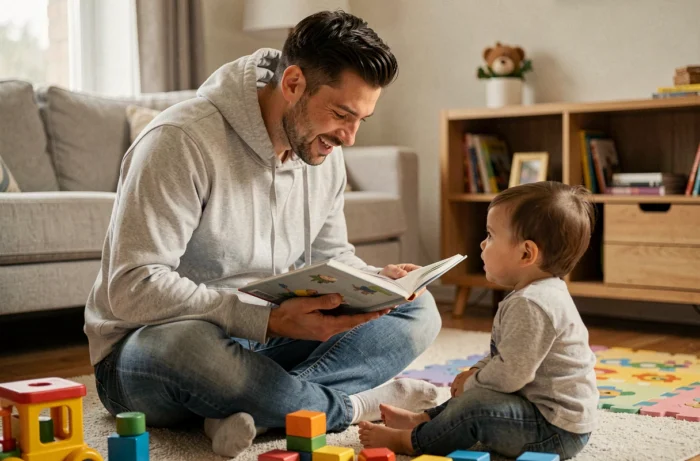 Père actif lisant une histoire à son enfant durant son congé parental partagé à la maison
