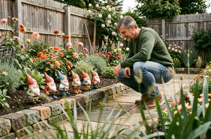 Personne observant une rangée de nains de jardin le long d'un chemin de pierre dans un jardin fleuri