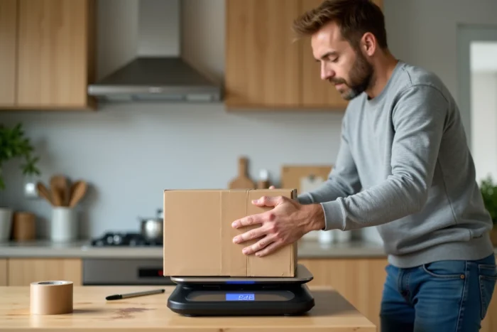 Homme pesant un colis Colissimo sur une balance postale numérique dans une cuisine à domicile