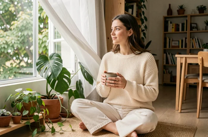 Jeune femme entourée de plantes d'intérieur près d'une fenêtre ouverte, tenant une tasse de thé dans un appartement lumineux