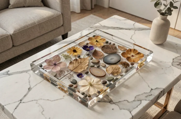 Plateau décoratif artisanal en résine transparente avec fleurs séchées, feuilles pressées et tranches d'agate incrustées