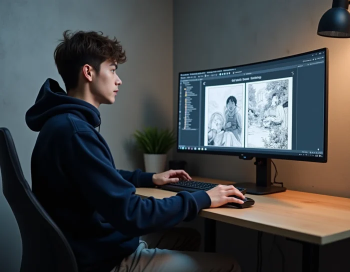 Homme naviguant sur une plateforme de lecture de manga en ligne sur grand écran d'ordinateur
