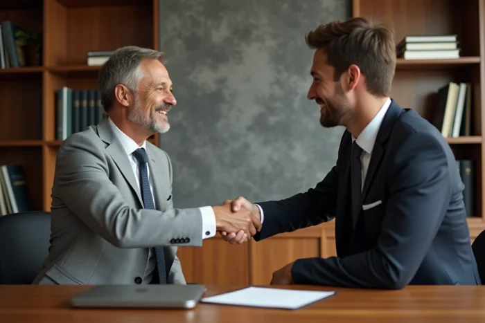 Poignée de main entre un responsable RH et un candidat lors d'un entretien d'embauche réussi grâce à CCM Recrutement