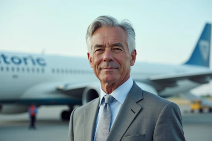 Portrait d'un PDG de l'industrie aéronautique devant un avion commercial sur le tarmac d'un aéroport
