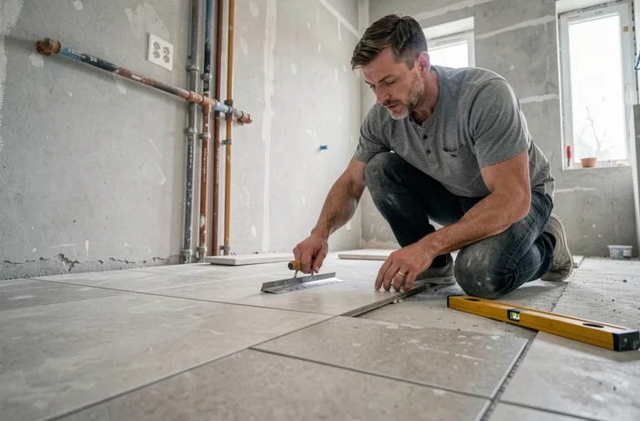 Homme posant du carrelage dans une salle de bain en rénovation, avec niveau à bulle et truelle crantée