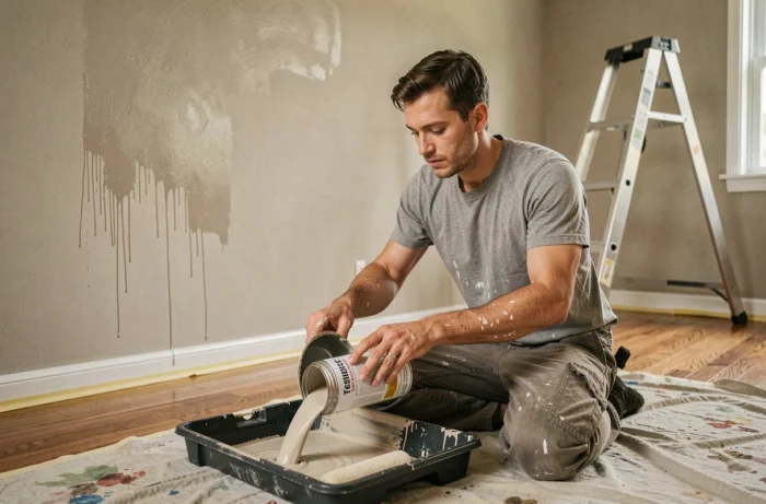Homme préparant la peinture correctrice pour effacer les traces de rouleau dans une chambre en rénovation