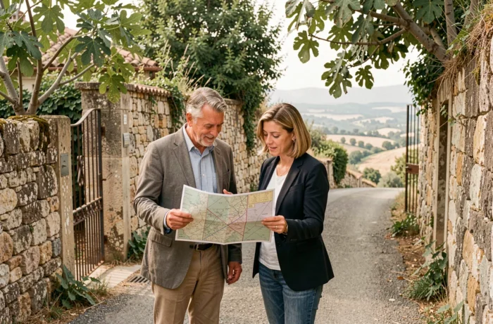 Deux professionnels de l'immobilier analysant un plan cadastral sur une route en pente entre des propriétés en pierre sur les coteaux