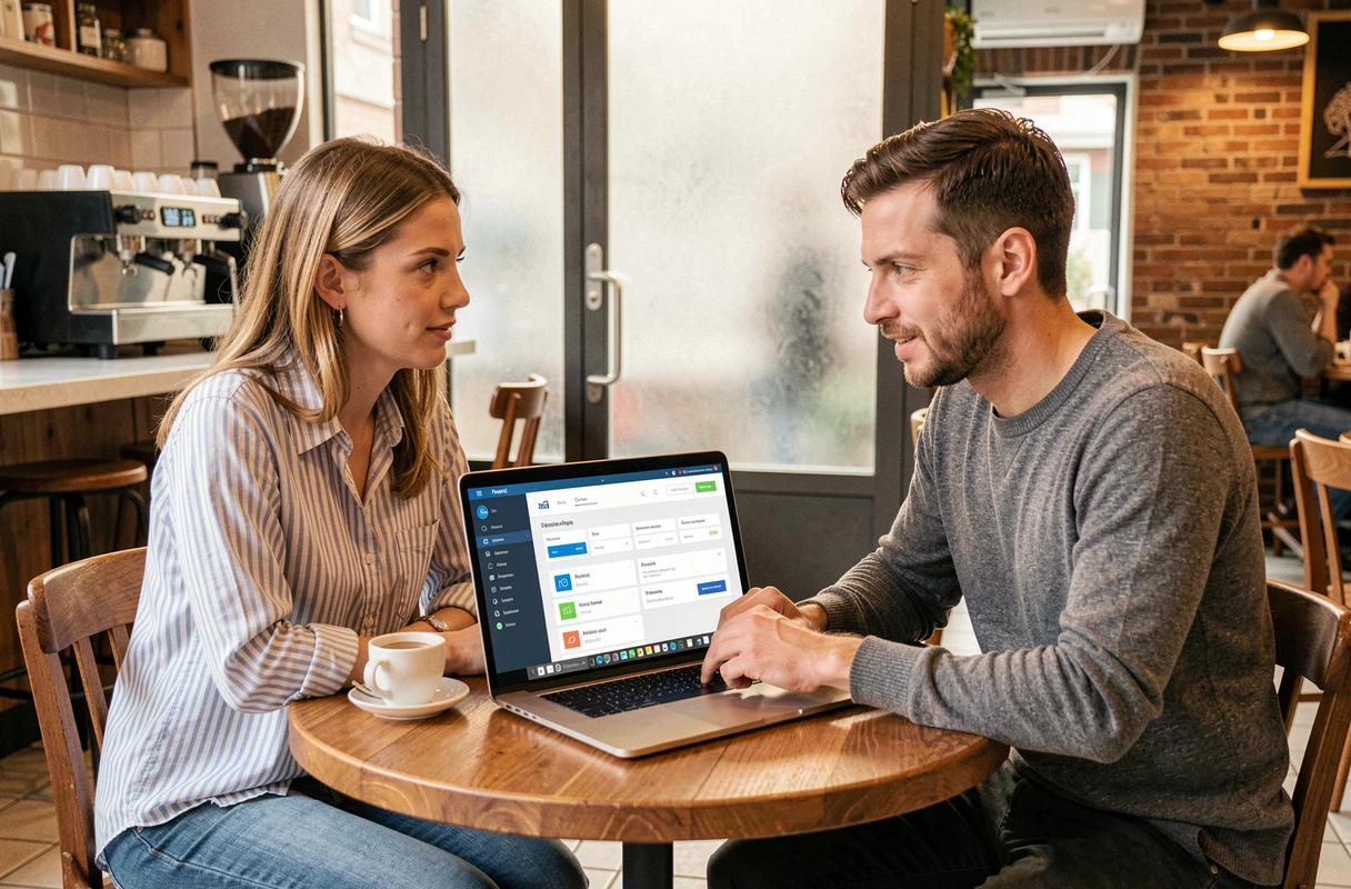 Deux professionnels explorant ensemble une plateforme de services en ligne dans un café urbain