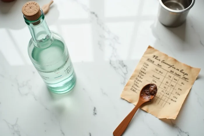 Vue aérienne d'une bouteille d'un quart de litre, d'un verre doseur en centilitres et d'une fiche de conversion manuscrite sur marbre blanc