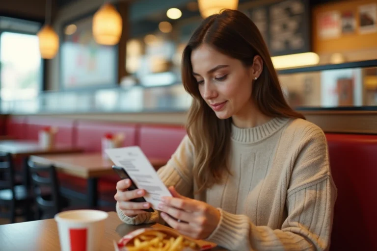 Femme remplissant le questionnaire de satisfaction Burger King sur smartphone avec son ticket de caisse dans un restaurant