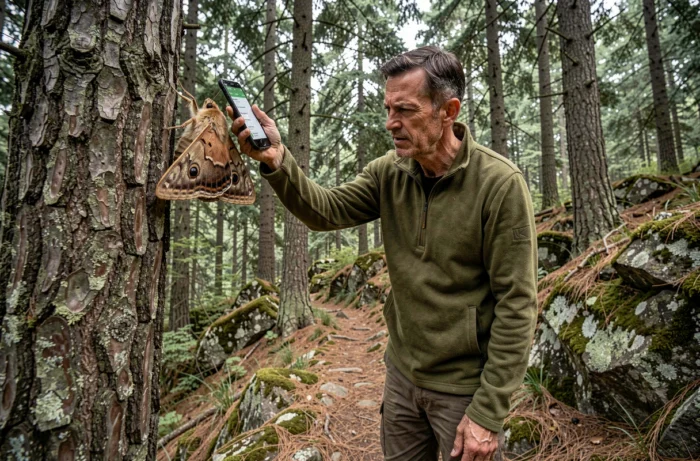 Randonneur identifiant un papillon de nuit sur un tronc d'arbre grâce à une application mobile de reconnaissance des insectes en forêt