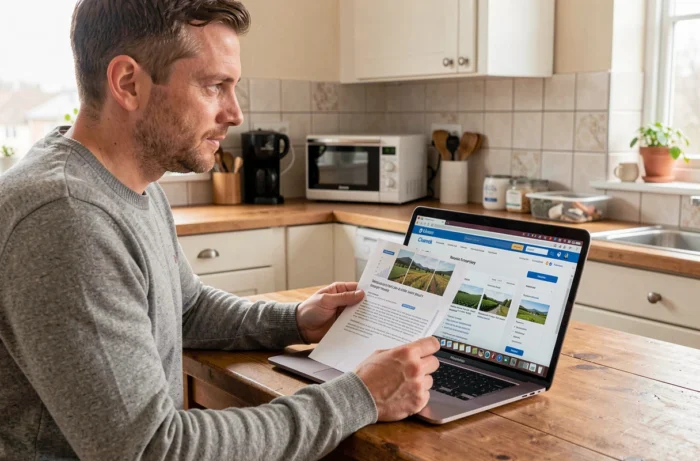 Homme recherchant des informations sur la propriété immobilière d'un bien via un site officiel sur son ordinateur portable