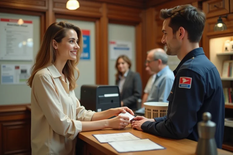 Femme récupérant son courrier en poste restante au guichet d'un bureau de poste en présentant sa pièce d'identité