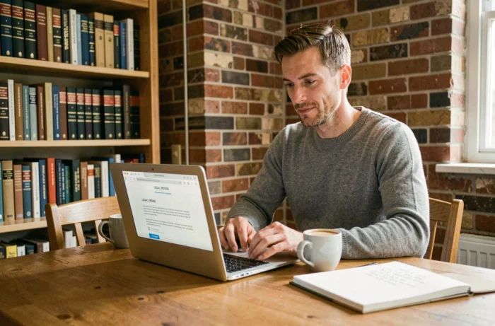 Homme travaillant depuis chez lui sur la rédaction des mentions légales de son site internet avec un ordinateur portable