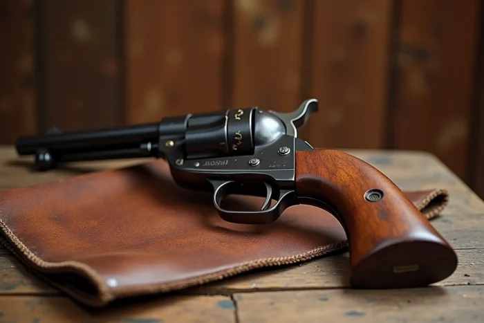 Revolver simple action Remington 1875 à canon long avec monture case-hardened et crosse en noyer sur cuir vieilli et bois brut