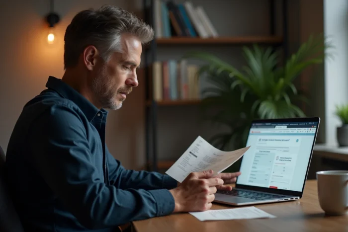 Homme complétant le sondage Burger King en ligne sur ordinateur portable à partir de son ticket de caisse à domicile